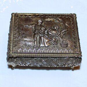 Vintage Japan Silver Jewelry Box Romantic Repoussé Trinket Case with Red Velvet